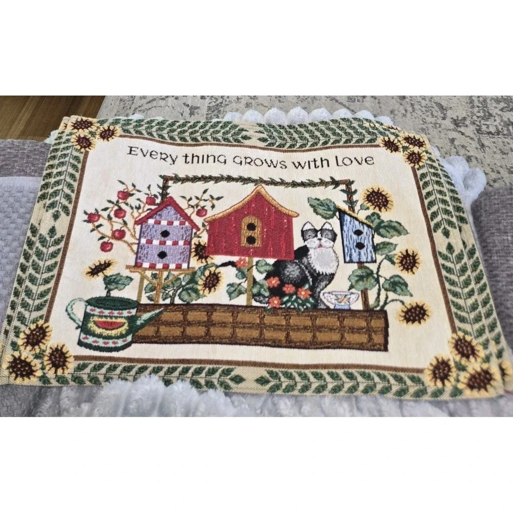 6 Woven Tapestry Placemats Everything Grows With Love Cat Birdhouses 19x12‎ in